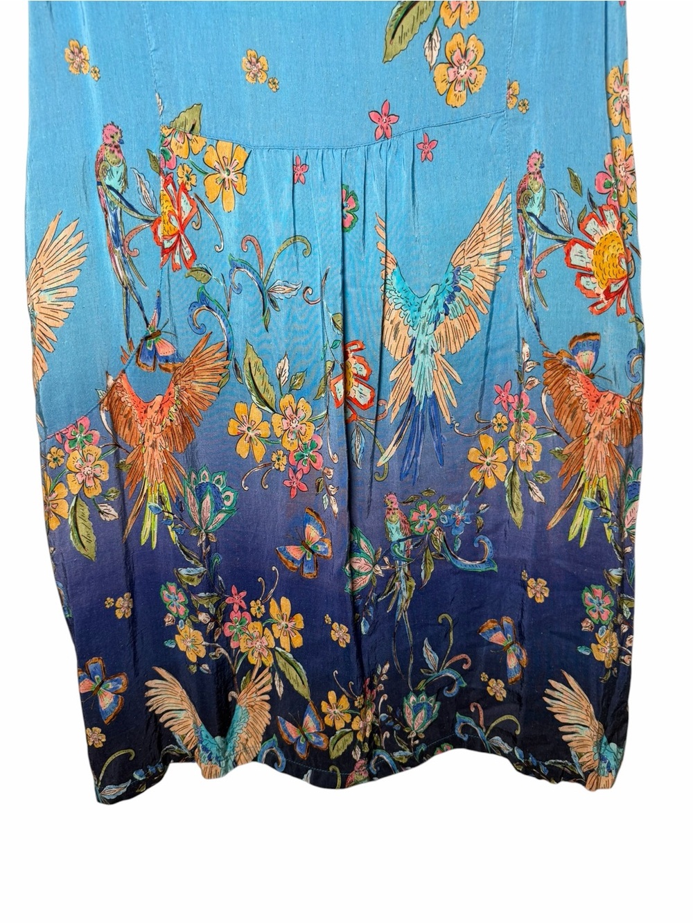 Linen Silk Bird Print Blue Ombre Boho Midi Dress XL - Picture 9 of 11